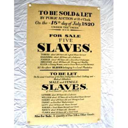 Historical slave market notice or poster advertising the sale of enslaved people